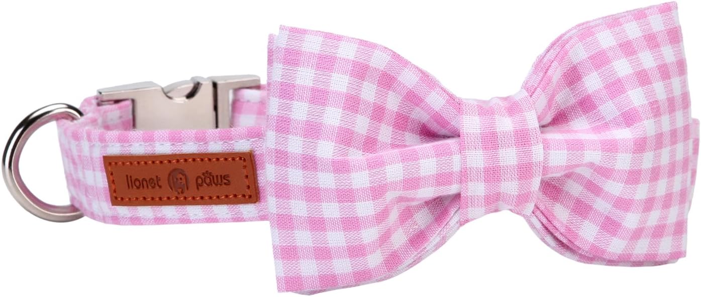 Lionet Paws Dog Collar with Bowtie, Comfortable Adjustable Cute Pink Gingham Bow Tie Collar for Female Puppies and Cats Gift, XS, Neck 8-12 inches