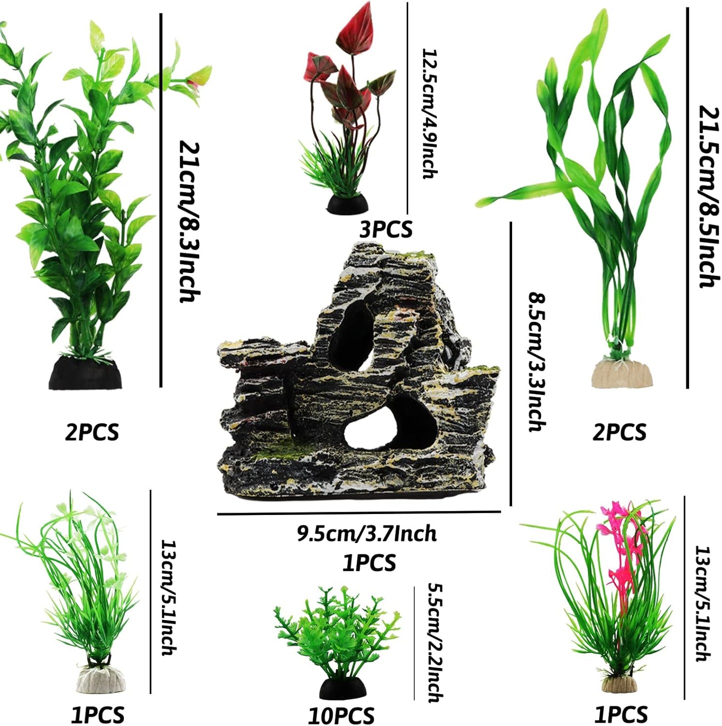 Fish Tank Accessories Aquarium Decorations Rock Plants, 20pcs Green Fish Tank Decorations Plants and Cave Rock Decoration Decor Set, Fish Tank Decor, Aquarium Decor Plastic Plants