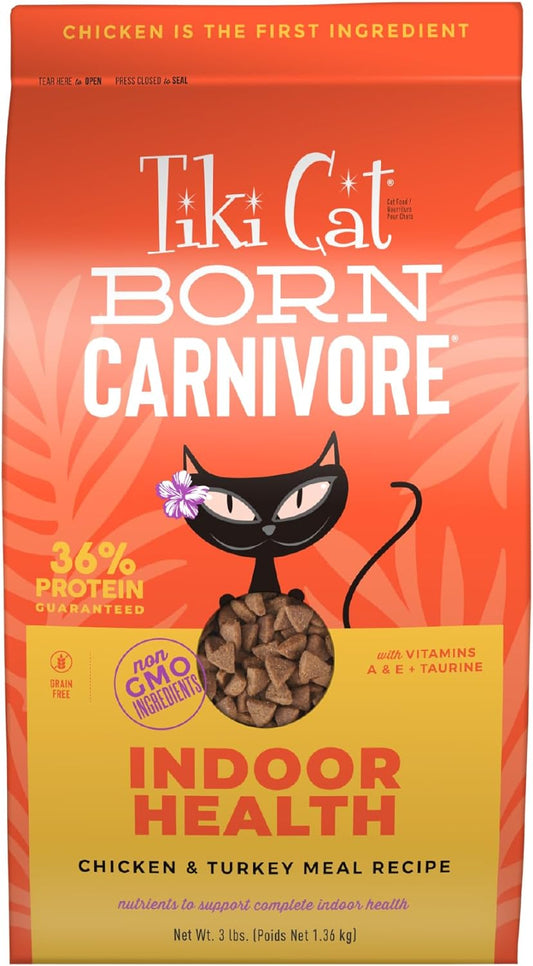 Tiki Cat Born Carnivore High Protein, Indoor Health, Chicken and Turkey Meal Recipe, Grain-Free Baked Kibble to Maximize Nutrients, Dry Cat Food, 3 lb. Bag