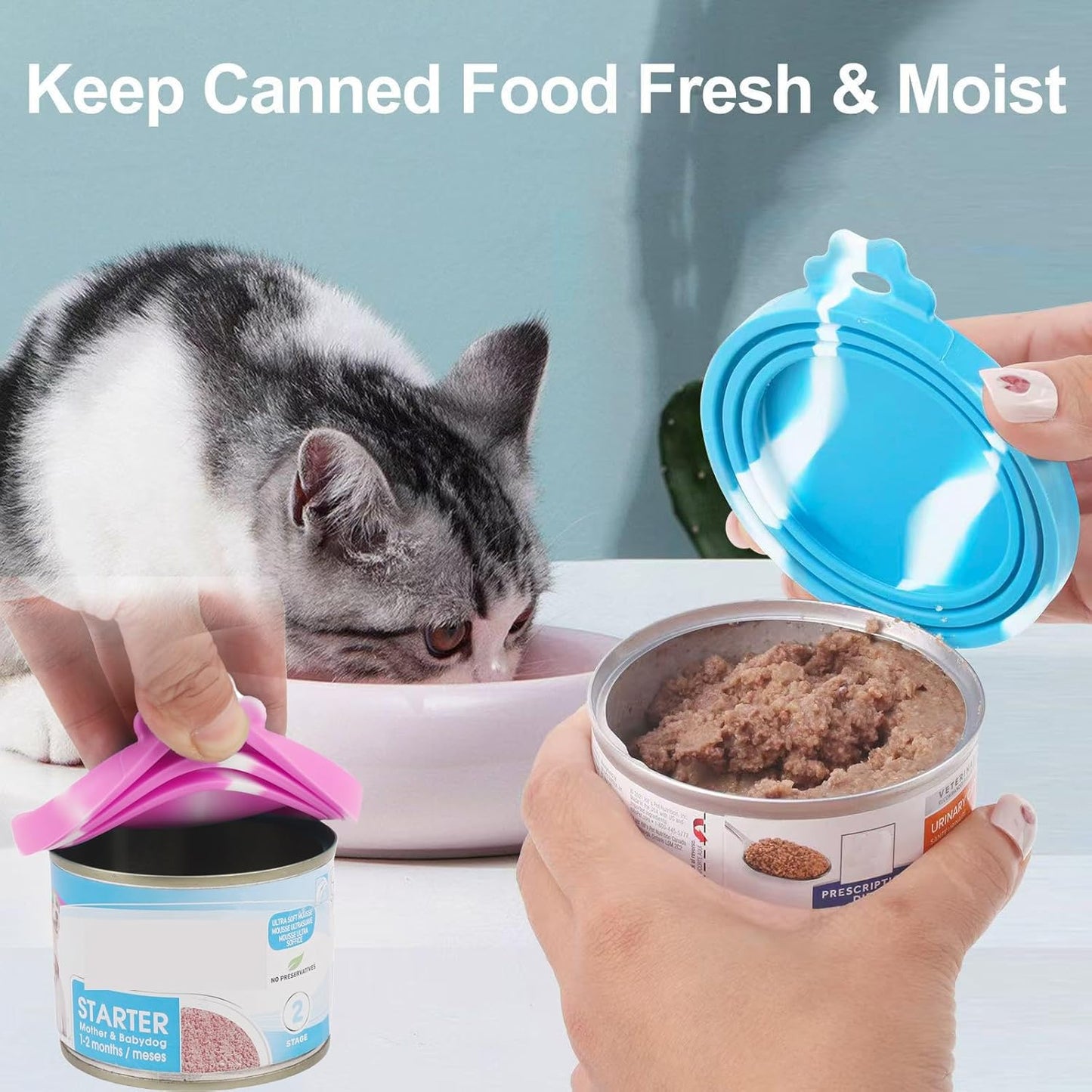 Comtim 5 PCS Pet Food Can Lids & Spoons Set - Silicone Dog Cat Food Can Covers Lids Top/Multi-Function Cat Food Spoon Spatula Can Opener for Wet Food/Long Handle Spoon Easy to Scoop Food