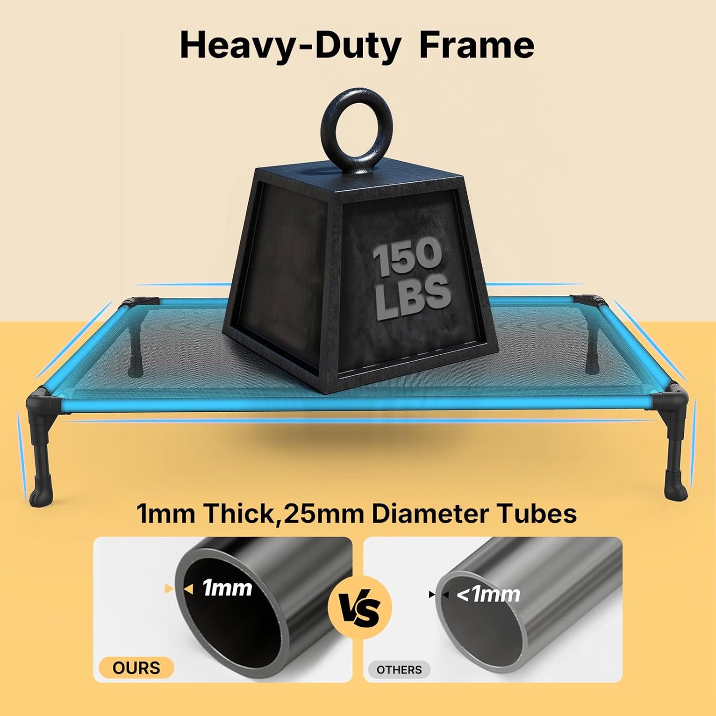 Veehoo Outdoor Elevated Dog Cot Bed, Cooling Raised Pet Bed for XX-Large Dog, Washable Breathable Mesh Hammock Bed with No-Slip Feet, Indestructible Ground Off Training Platform Cot-59"x37.5" Black