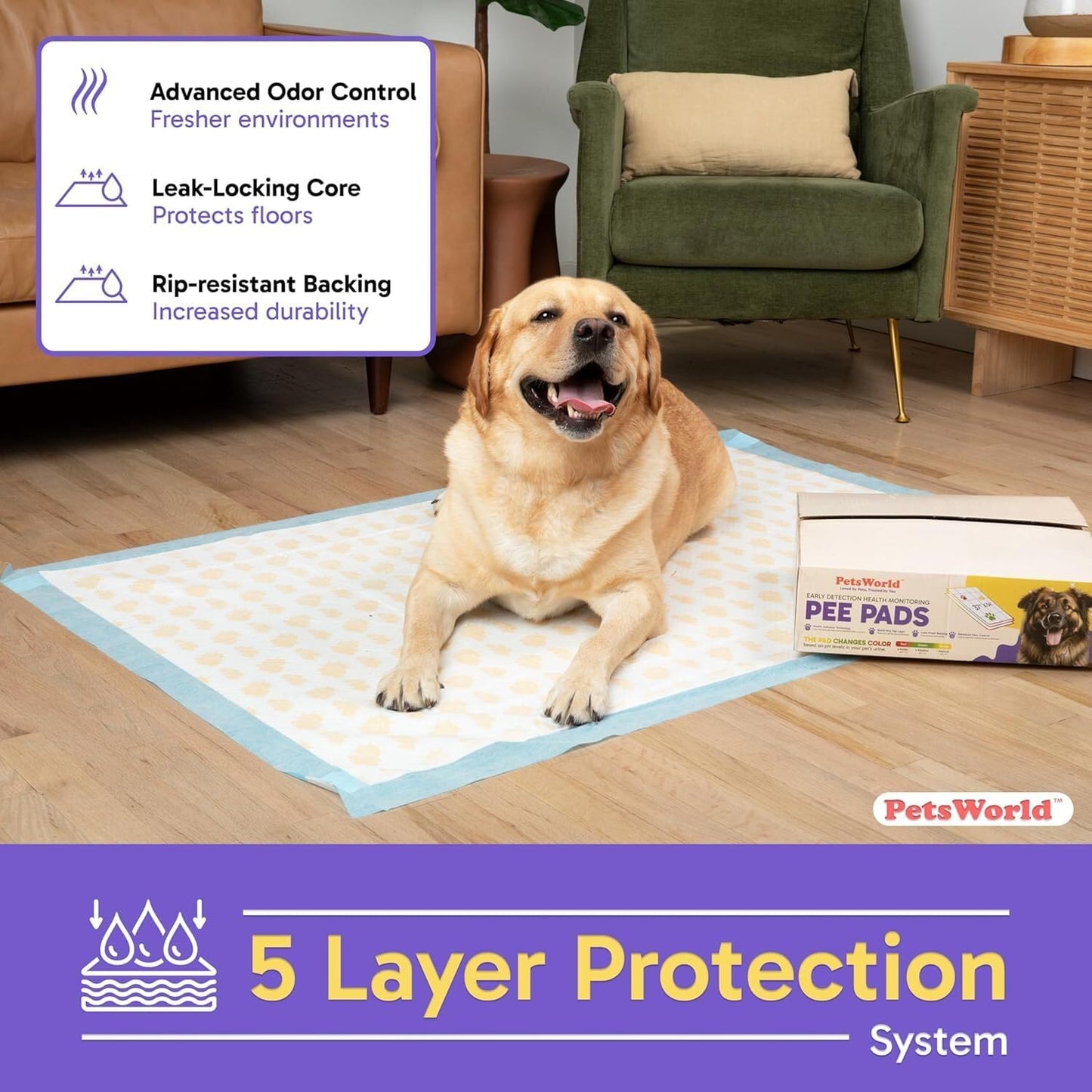 PETSWORLD Health Monitoring Dog Pee Pads – 37x54 Inch, 25 Count 3XL Color-Changing Potty Pads | Detects Health Issues | Leak-Proof, Ultra Absorbent, Odor Control