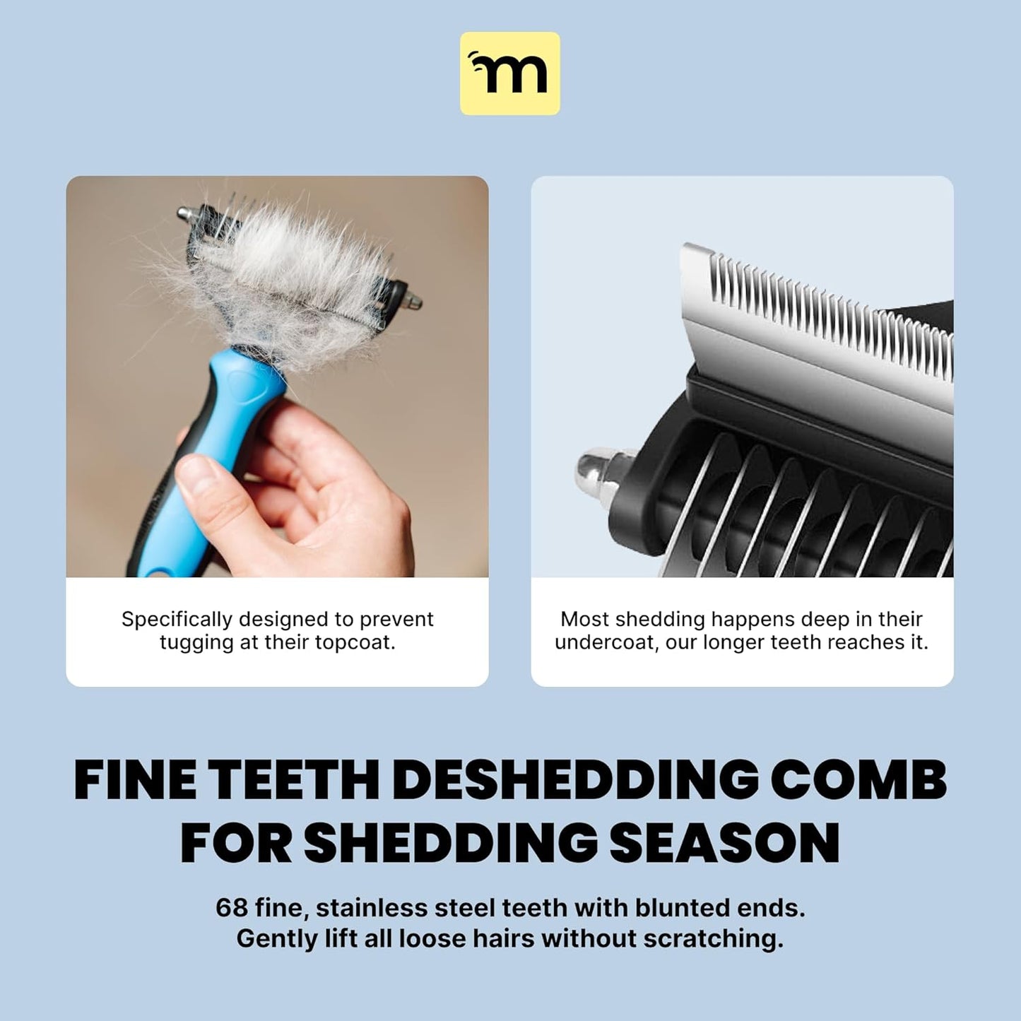 MalsiPree Cat Shedding Brush - 2 in 1 Deshedding Tool & Undercoat Rake for Dense Double-Coats - Dematting Comb - Deshedding Brush for Cats - Pet Hair Removal Tool (Blue) - Dog Grooming Supplies