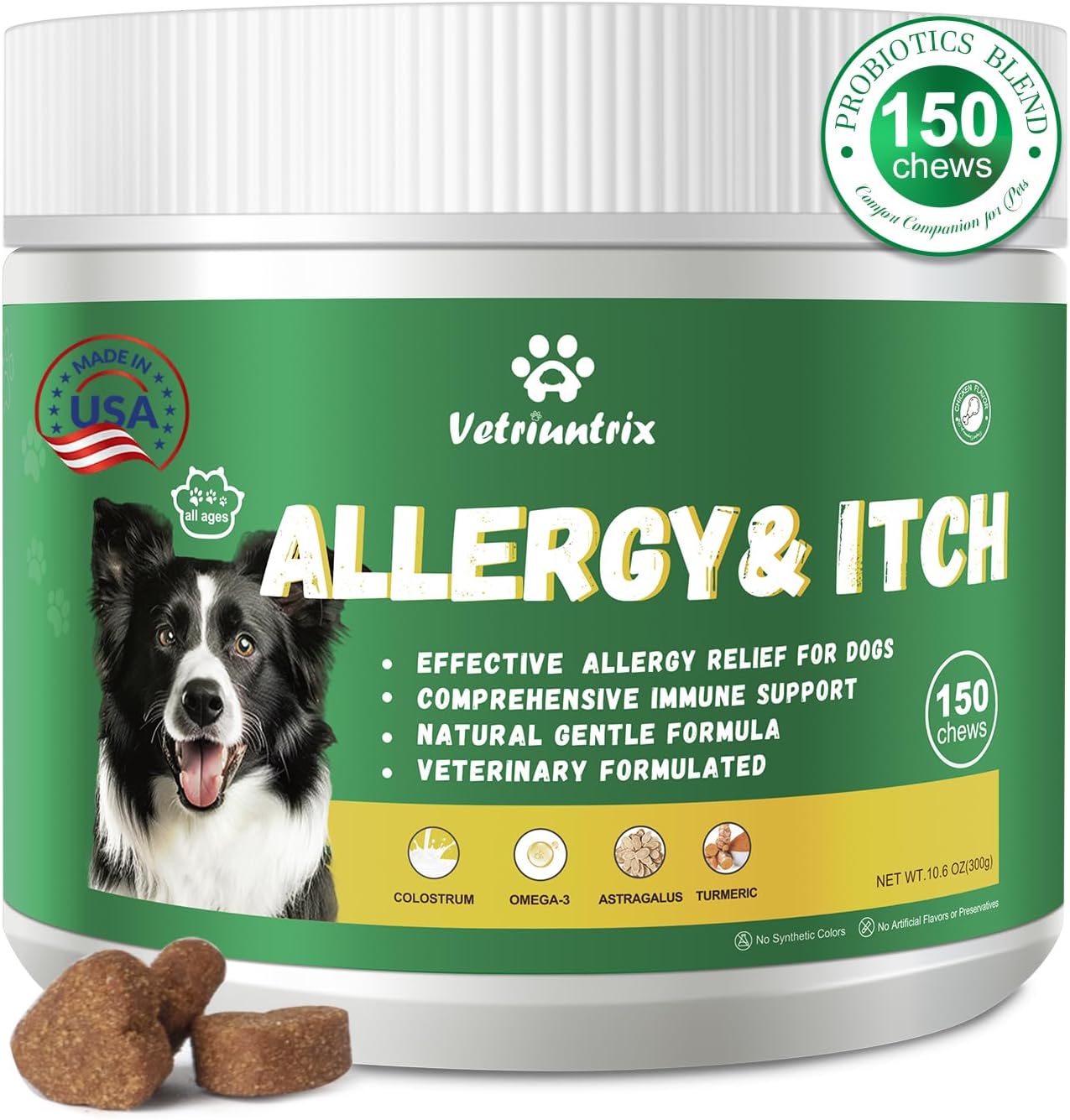 Dog Allergy Relief Chews, Dog Itch Relief Chews for Large Dogs Paw Licking Itchy Skin Seasonal Allergies, Probiotics with Astragalus Omega-3 for Coat Immune Supplement-150ct