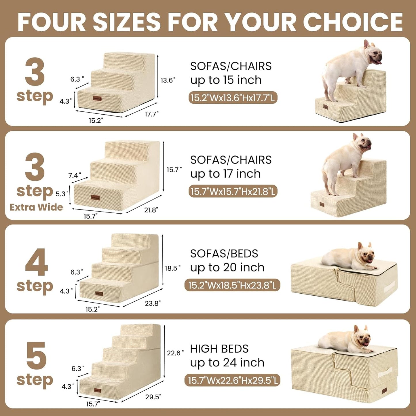 Dog Stairs for Small Dogs & Cats, 3-Step Non-Slip Pet Steps for Couch Sofa and Chair, Beige, 13.6" H