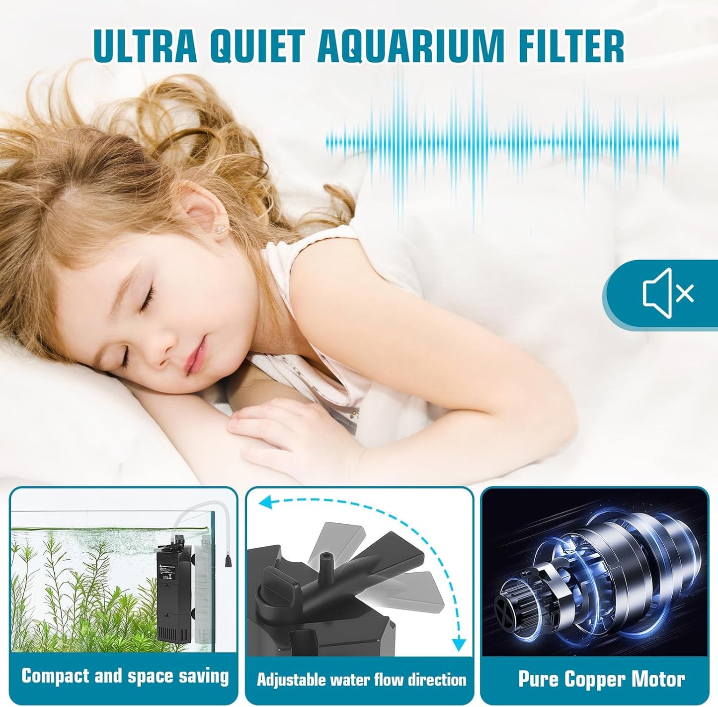 AQQA Aquarium Filter for 80-150Gal Fish Tank Submersible Internal Filters Multifunctional for Filtration, Circulation and Oxygenation Ultra Quiet for Freshwater & Saltwater Crystal Clear (15W,400GPH)