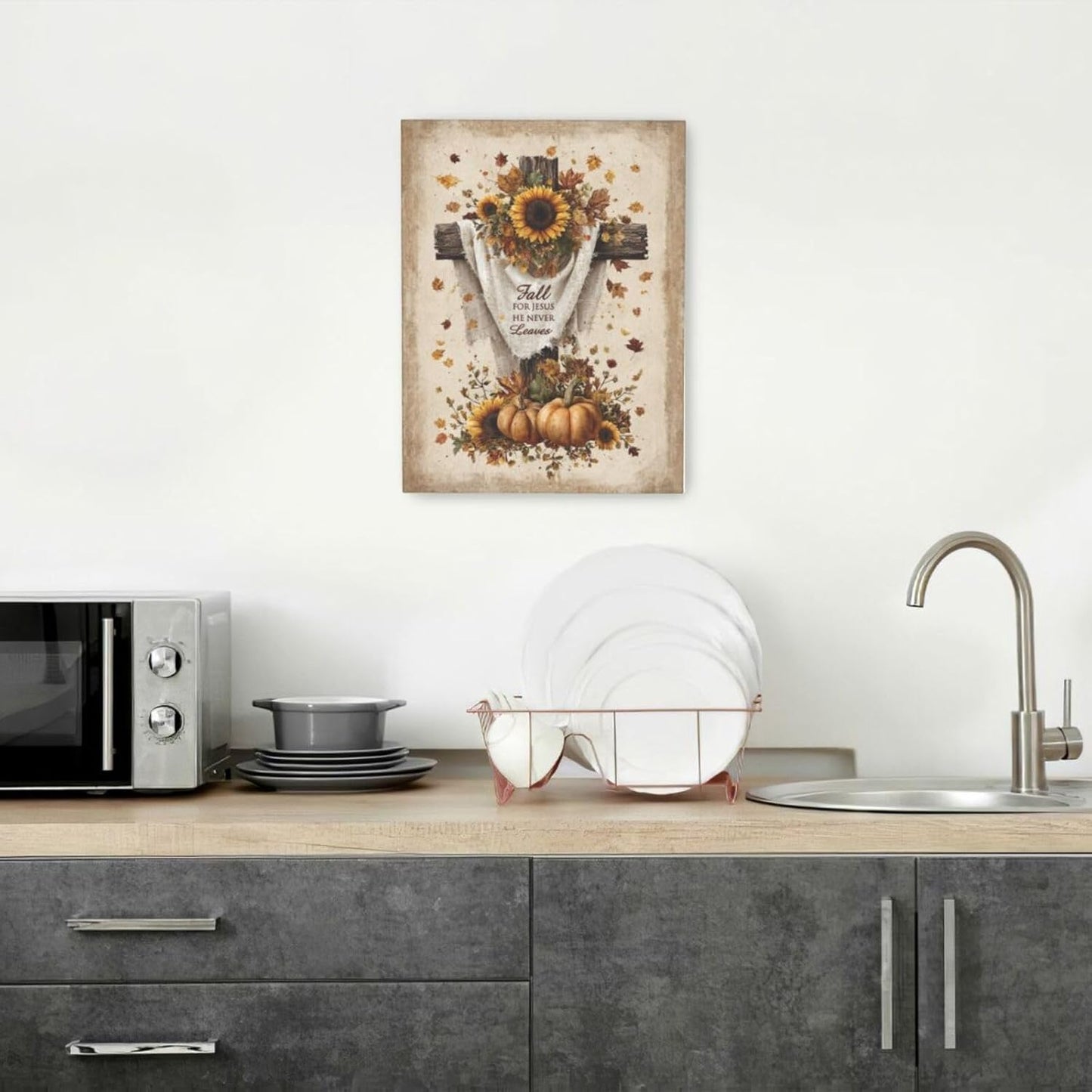 Christian Fall Wall Art Autumn Rustic Cross Sunflower Pumpkin Wall Decor Fall for Jesus He Never Leaves Pictures Painting Print Framed Artwork Decorations Gifts for Living Room Bedroom Prayer Room Office 12"x16"