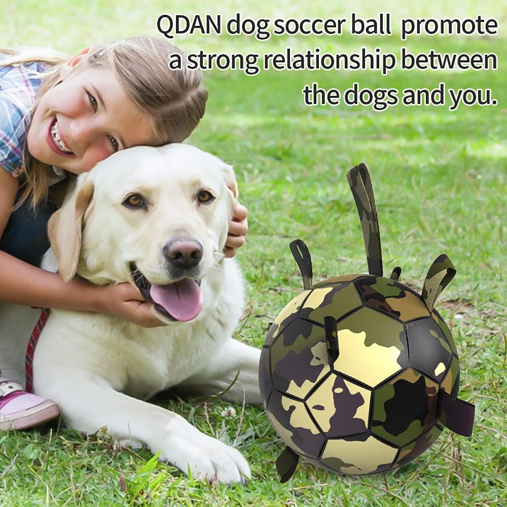 QDAN Dog Toys Soccer Ball, Interactive Toys for Tug of War, Dog Water Toy, Durable Dog Balls for Medium Large Dogs, Camouflage(8 inch)