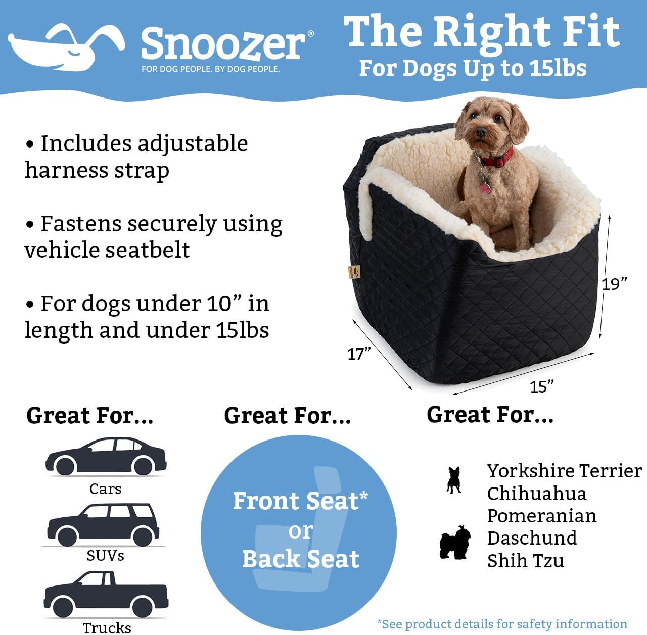 Snoozer Dog Car Seat: Lookout I Dog Booster Car Seat for Dogs Small 5-15 lbs, Size: Small, Fabric: Sapphire, Pet Car Seat to Alleviate Car Sickness for Dogs, Removable Machine Washable Cover