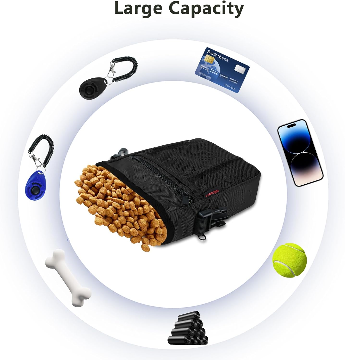 SZO Dog Treat Pouch - 3 Ways to Wear Treat Pouches for Pet Training, Dog Training Treat Pouch Bag and 2 Pieces Clicker Taining for Dogs with Waist Belt Shoulder Strap-Max Black