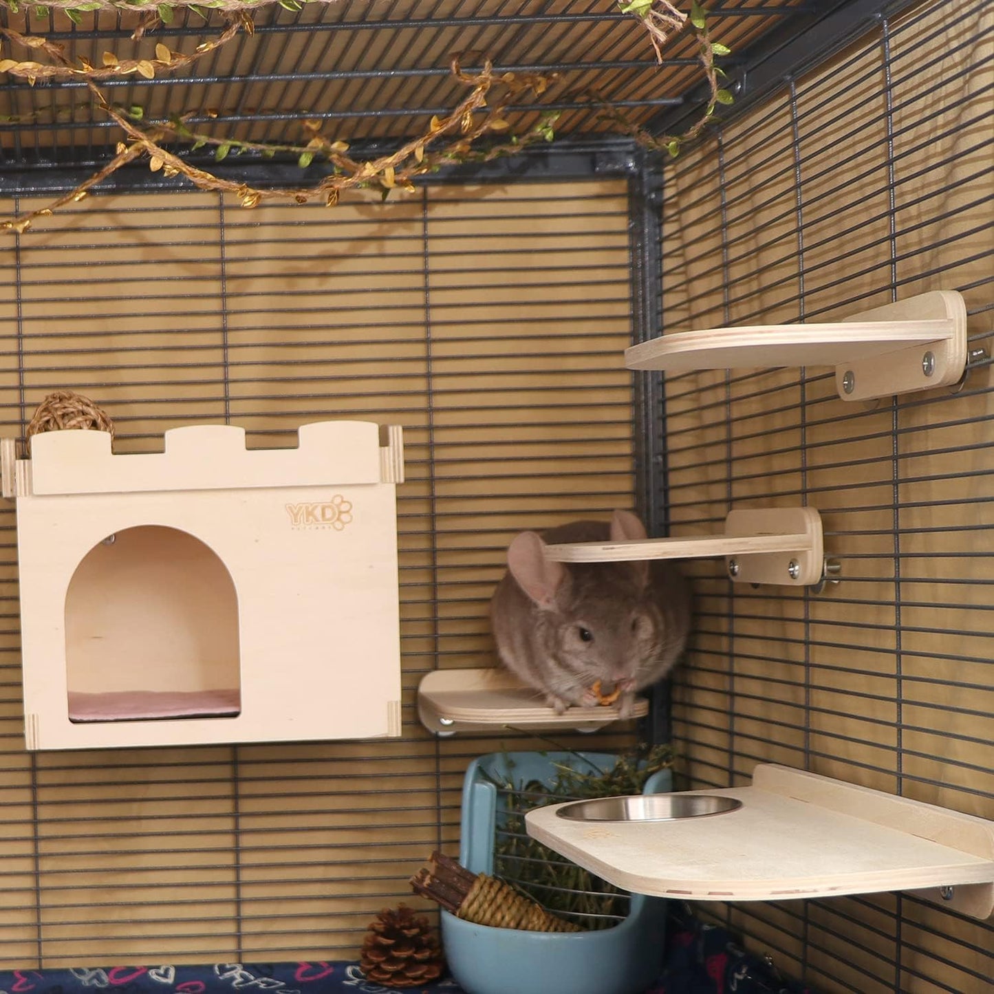 Chinchilla Wooden Platform Set, Chinchilla Cage Platform with Feeding Bowl, Small Animals Cage Accessories for Squirrel Gerbil Suger Glider Hamsters (3Pcs of Small Platform)