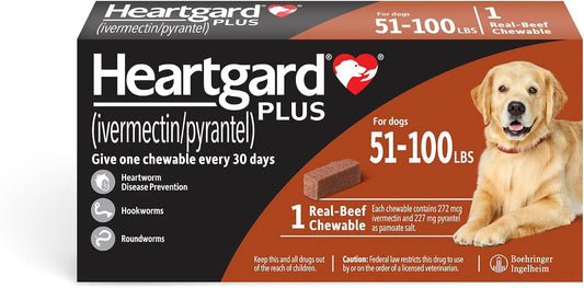 HEARTGARD® Plus (ivermectin/pyrantel) Real-Beef Chewables for Dogs 51 -100 lbs (Brown Box) 1 Month Supply of Chews (Heartworm Disease Preventive)