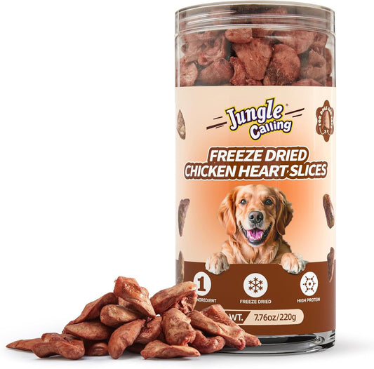 Jungle Calling Cat Treats & Dog Snacks, Freeze Dried Chicken Hearts Halves for Cats & Dogs, Single Ingredient Organ Meat, High Protein Pet Training Treats & Food Topper, 7.76 oz