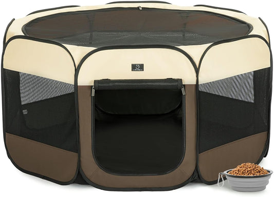A4Pet Dog Playpen Indoor, 49” Pet Playpen with Bowl for Dogs, Kittens, and Small Animals, Removable Zipper & Mesh Panel(19”W × 12”H)