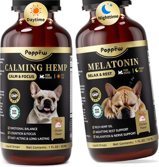 Hemp & Melatonin Calming Drops for Dogs – Day & Night Calming Treat for Anxiety Relief, Stress, Aggression, Separation, Relaxation & Sleep Aid, Chicken Flavor, 2 FL Oz