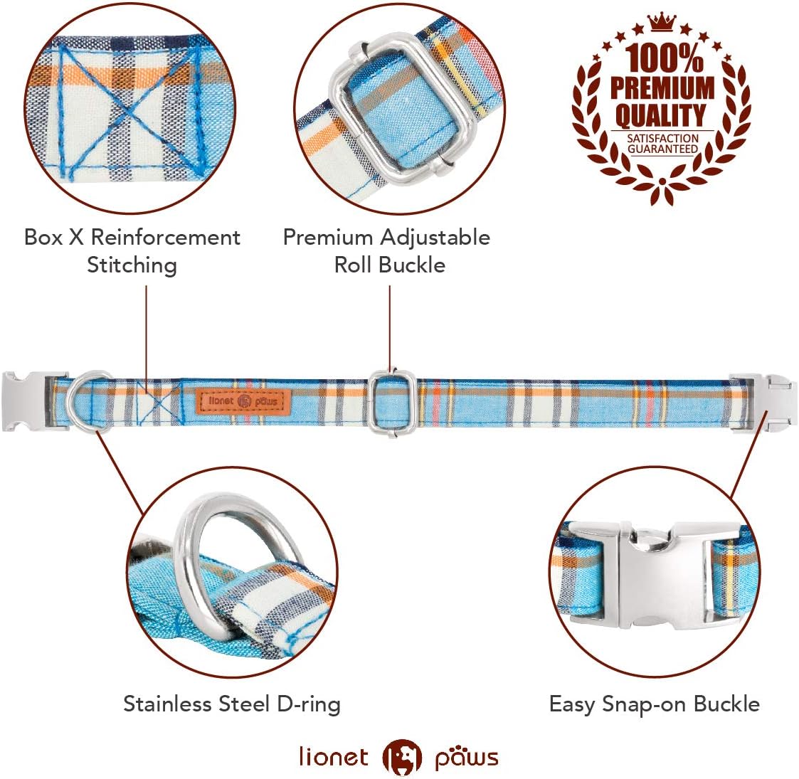 Lionet Paws Boy Dog Collar with Bowtie, Comfortable Adjustable Cute Blue Plaid Bow Tie Collar for Male Puppies and Cats Gift, XS, Neck 8-12 inches