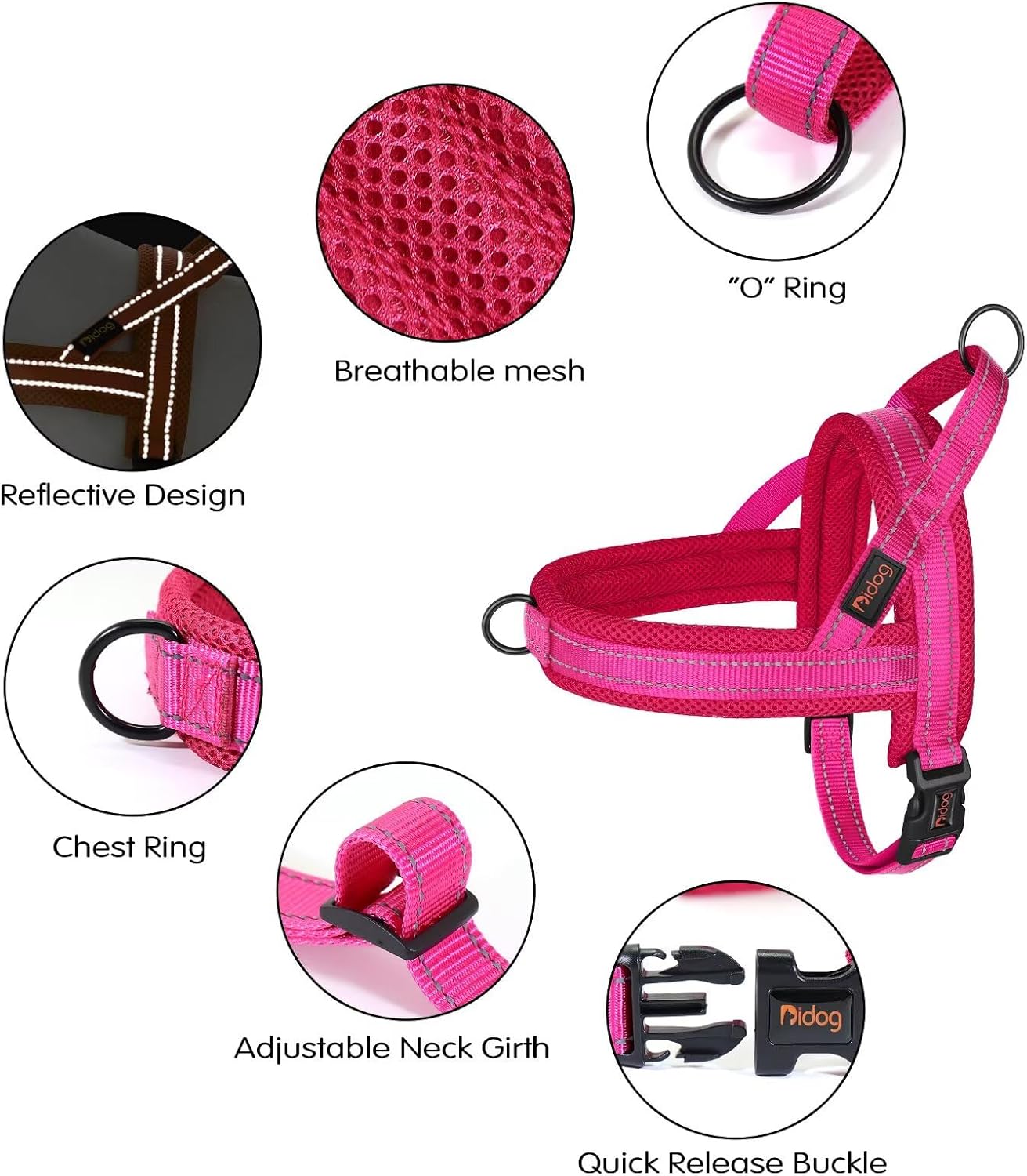 Didog No Pull Dog Harness with Soft Mesh Padded,Reflective & Quick Fit Light Weight Dog Strap Vest Harness,Easy for Walking Training (XS:Chest 15-18", Mesh-Hot Pink)