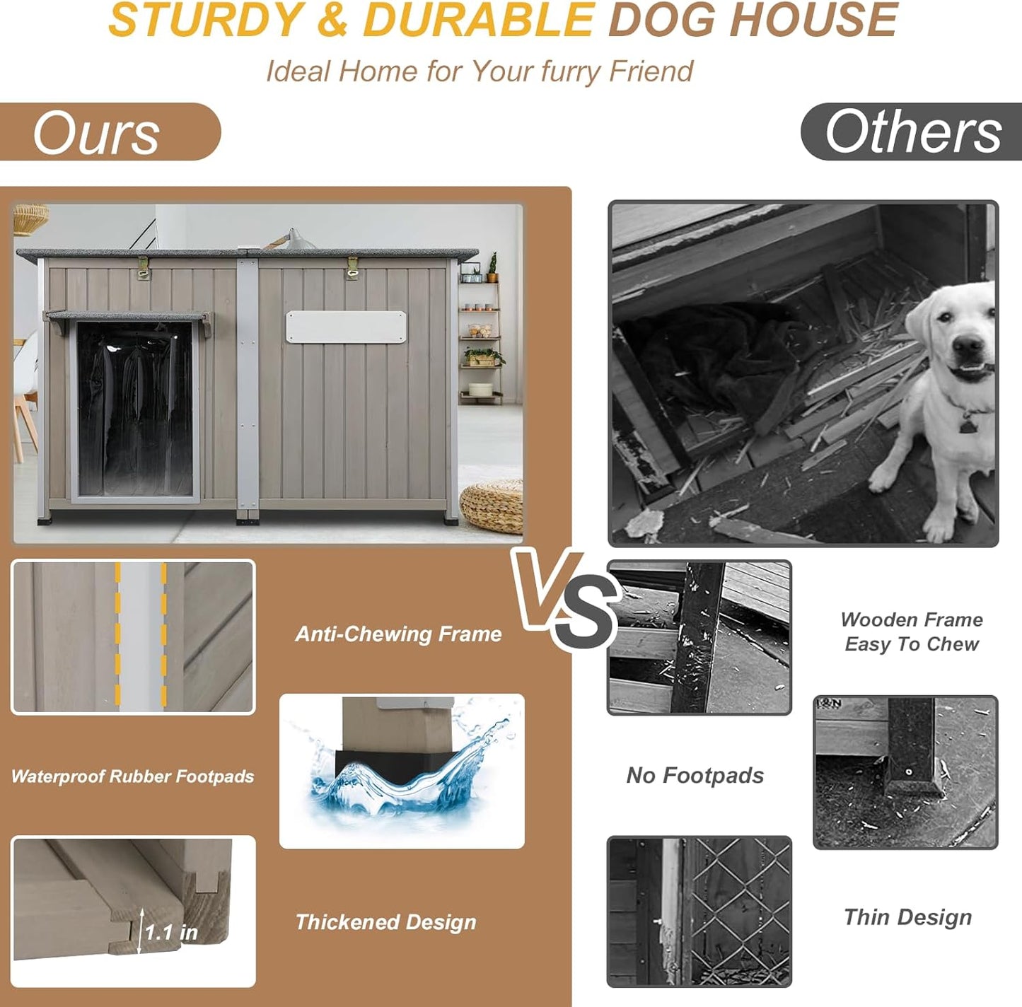 Weatherproof Outdoor Dog House, Wooden Puppy Shelter with Anti-Chewing Iron Frame and Elevated Floor, Sturdy Dog Kennel for Small, Medium & Large Dogs, Grey (Gray, 51" L x 29" W x 32" H)