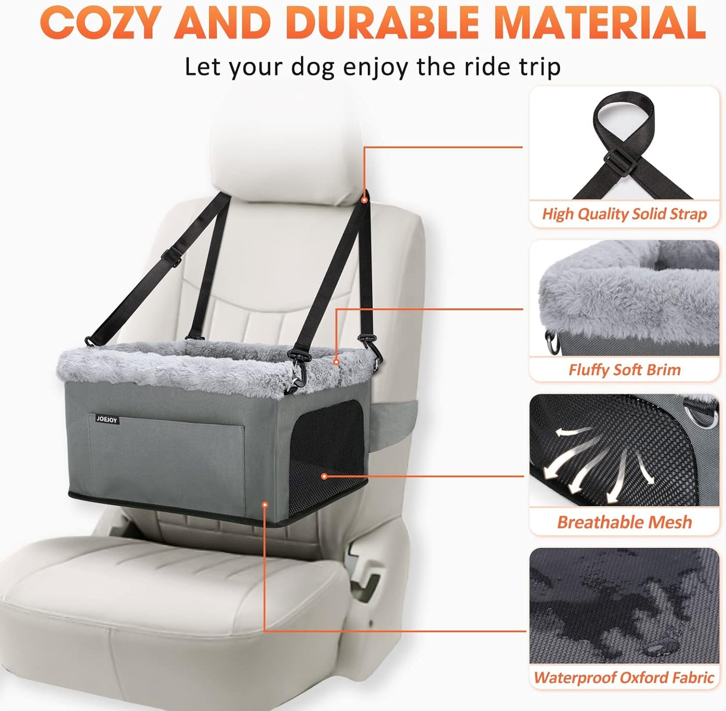 JOEJOY Deluxe Dog Booster Seat with Sturdy Metal Frame and Safety Leash for Small Pets up to 20 lbs - Portable Puppy Dog Car Seat with Thick Cushion and Storage Pockets for Small Dogs
