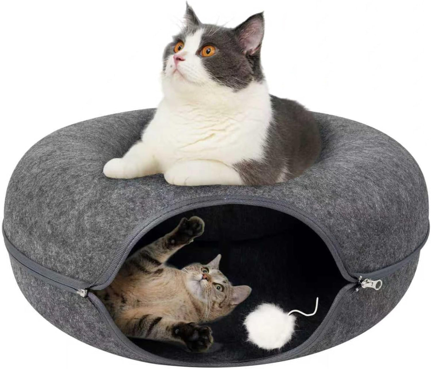 Pawise Peekaboo Cat Cave Donut Tunnel Bed, Cat Tunnel Bed,Bonus Separate Pom-Pom Bell Toy (Not Attached to Cave),Convertible Felt Cats Cave for Indoor Catty(Large)