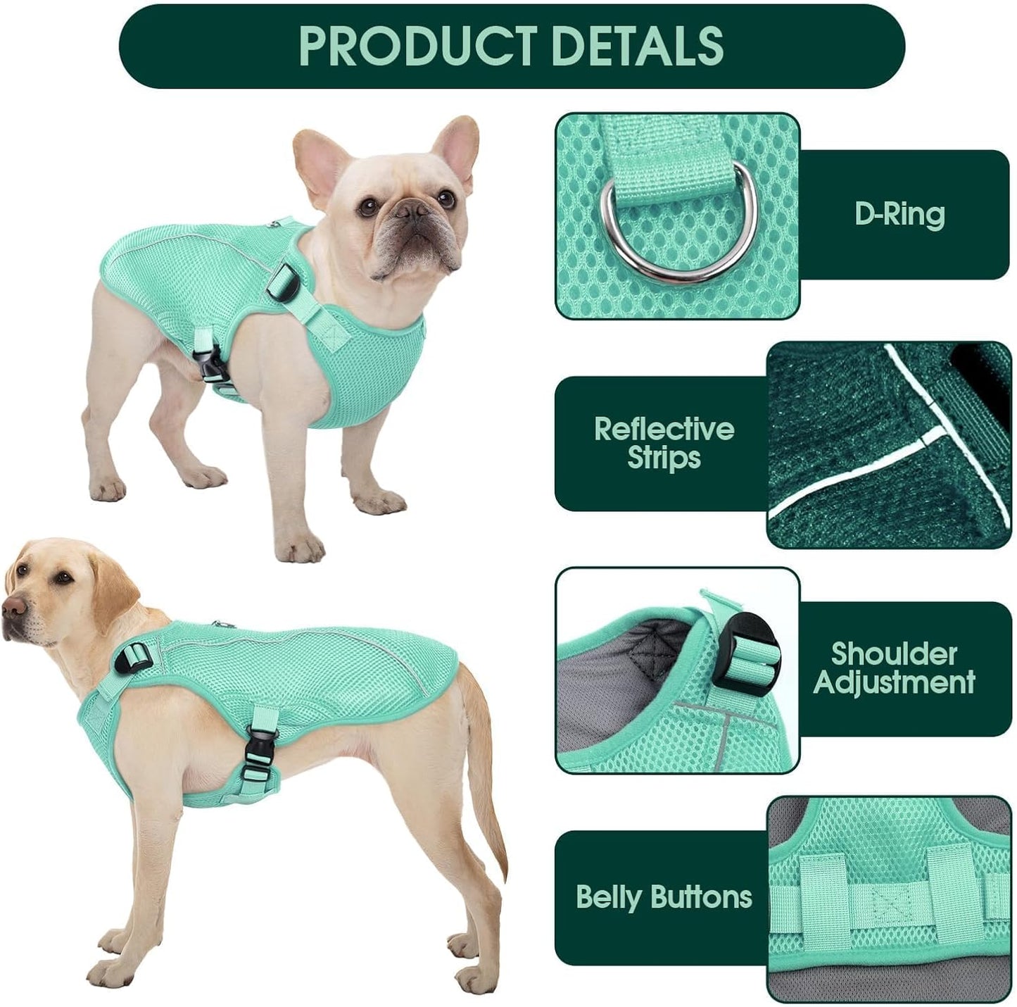 Kuoser Dog Cooling Vest for Large Dogs, Lightweight Doggie Cooler Jacket Breathable Mesh Pet Cooling Shirts Reflective Puppy Cool Harness for Beach, Hiking, Walking Green XXL