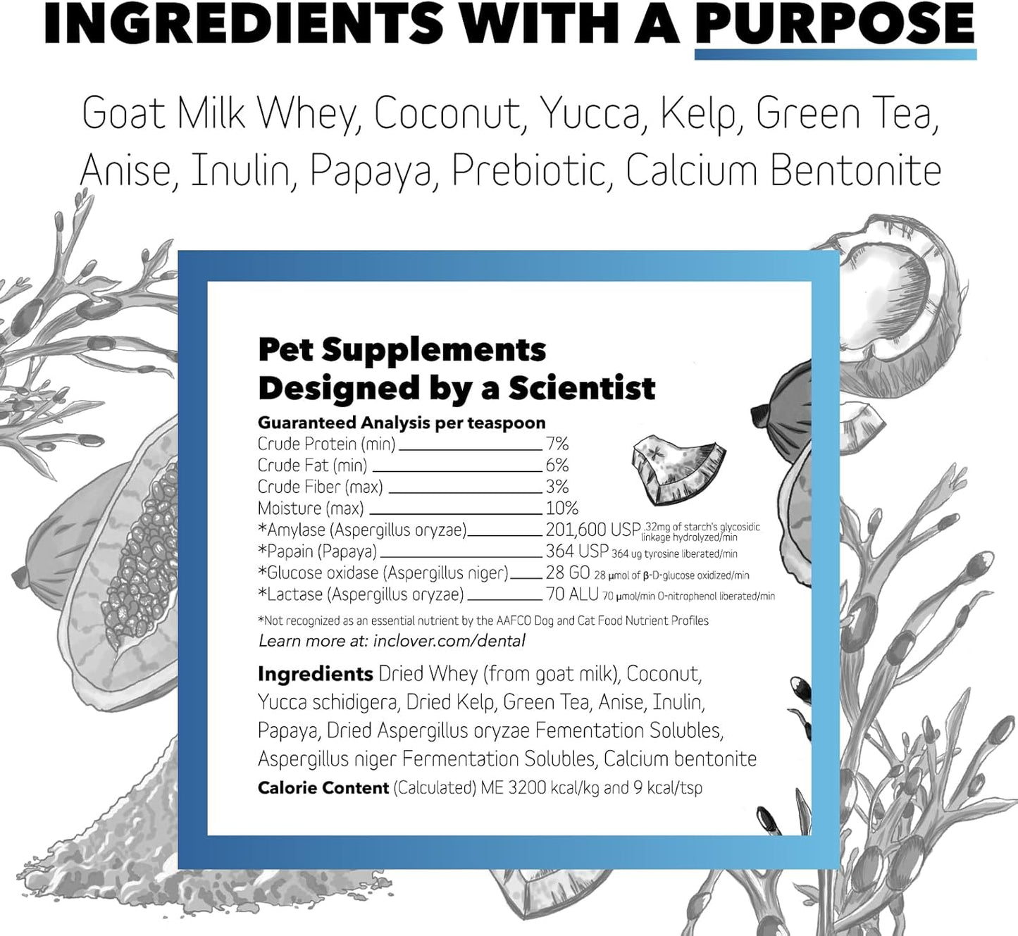 InClover Dog and Cat Dental Powder for Teeth Cleaning and Enamel and Gum Health, Natural Pet Supplement, Breath Freshener - Naturally Flush Away Tartar, No Brushing Necessary