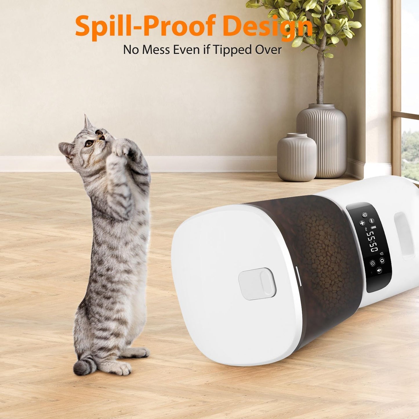 Automatic Cat Feeder, Cat Food Dispenser with Stainless Steel Bowl, Timed Portion Control 20 Portions 6 Meals Per Day, Voice Recorder, Dual Power Supply for Small Dogs (White)