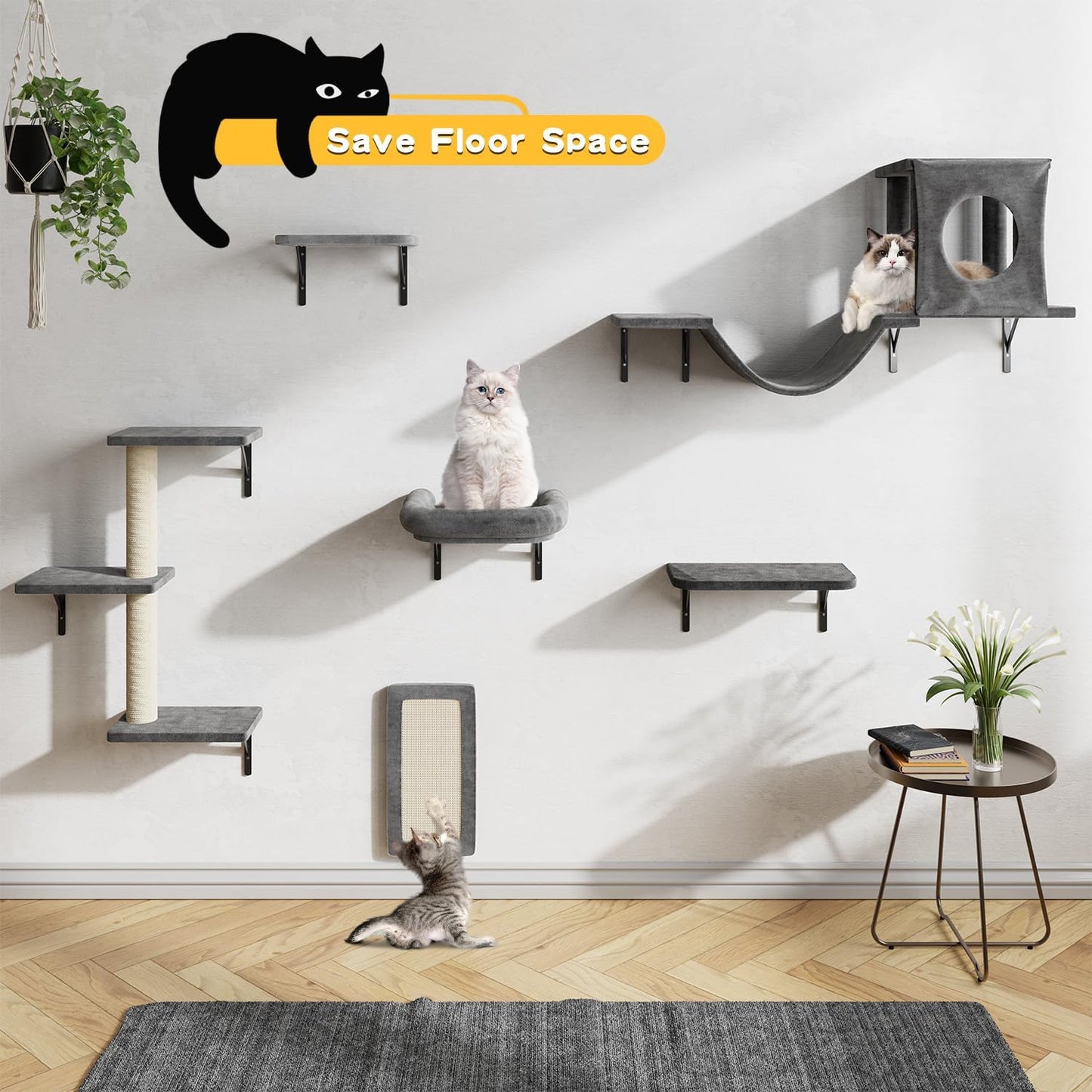 NUNU LAB Cat Wall Shelves, 6 Pcs Luxury Wall-Mounted Cat Climber Set, Indoor Cat Furniture with 1 Condos House, 2 Cat Wall Shelves, 1 Scratching, 1 Bridge Ladder, 1 Scratching Pad, Dark Gray