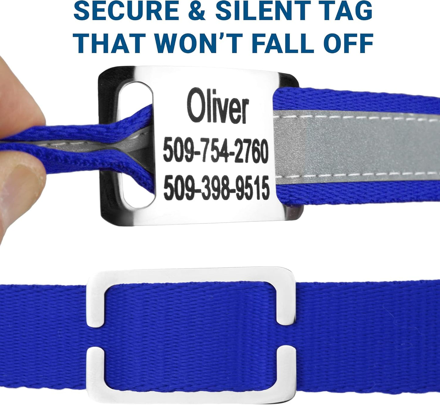 GoTags Reflective Personalized Dog Collar with Nameplate, Adjustable Dog Collar with Custom Engraved Steel Slide On Pet ID Tag, Silent, No Noise Dog Tag for Large Medium or Small (Blue, Large)
