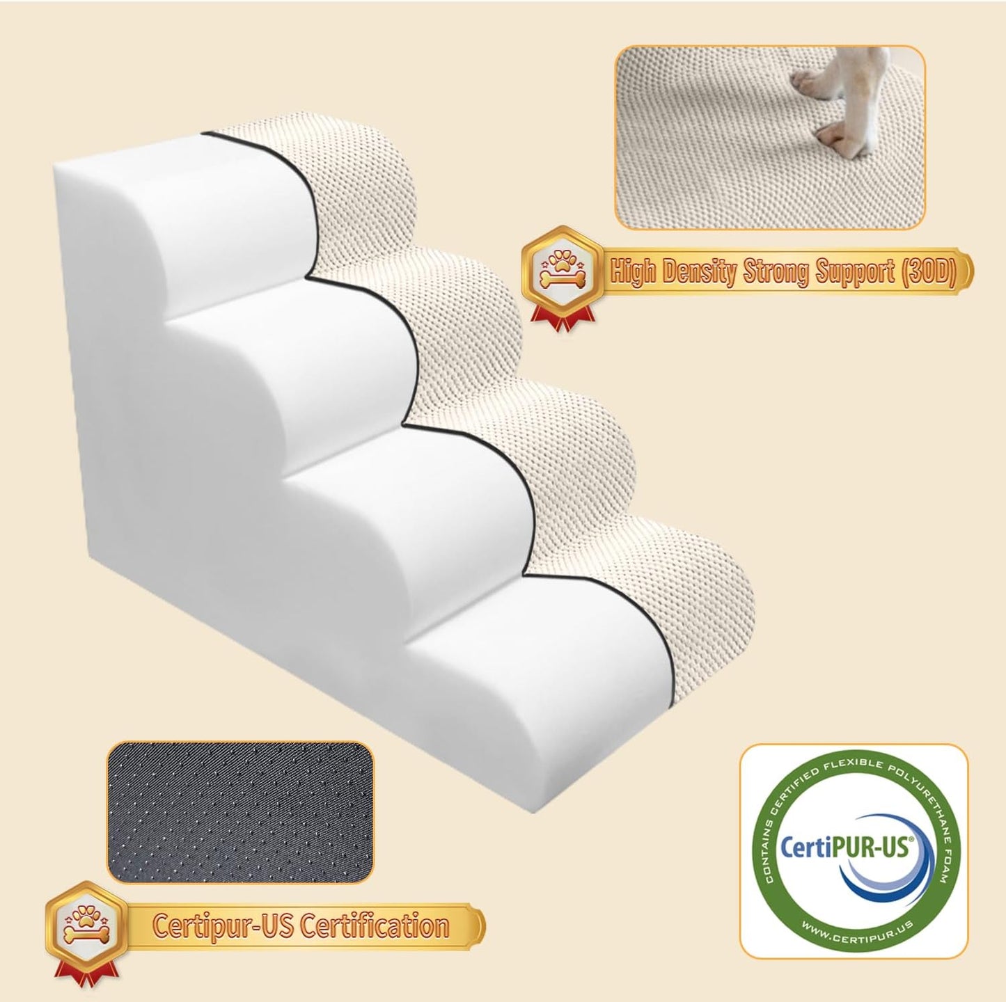 PAWSCART Dog Stairs for Small Dogs and Cats, 4-Step Dog Steps for Bed, 19.6" H Pet Stairs for High Bed, Pet Ramp for Couch, Sofa, Non-Slip Surface Removable Washable Cover, Beige