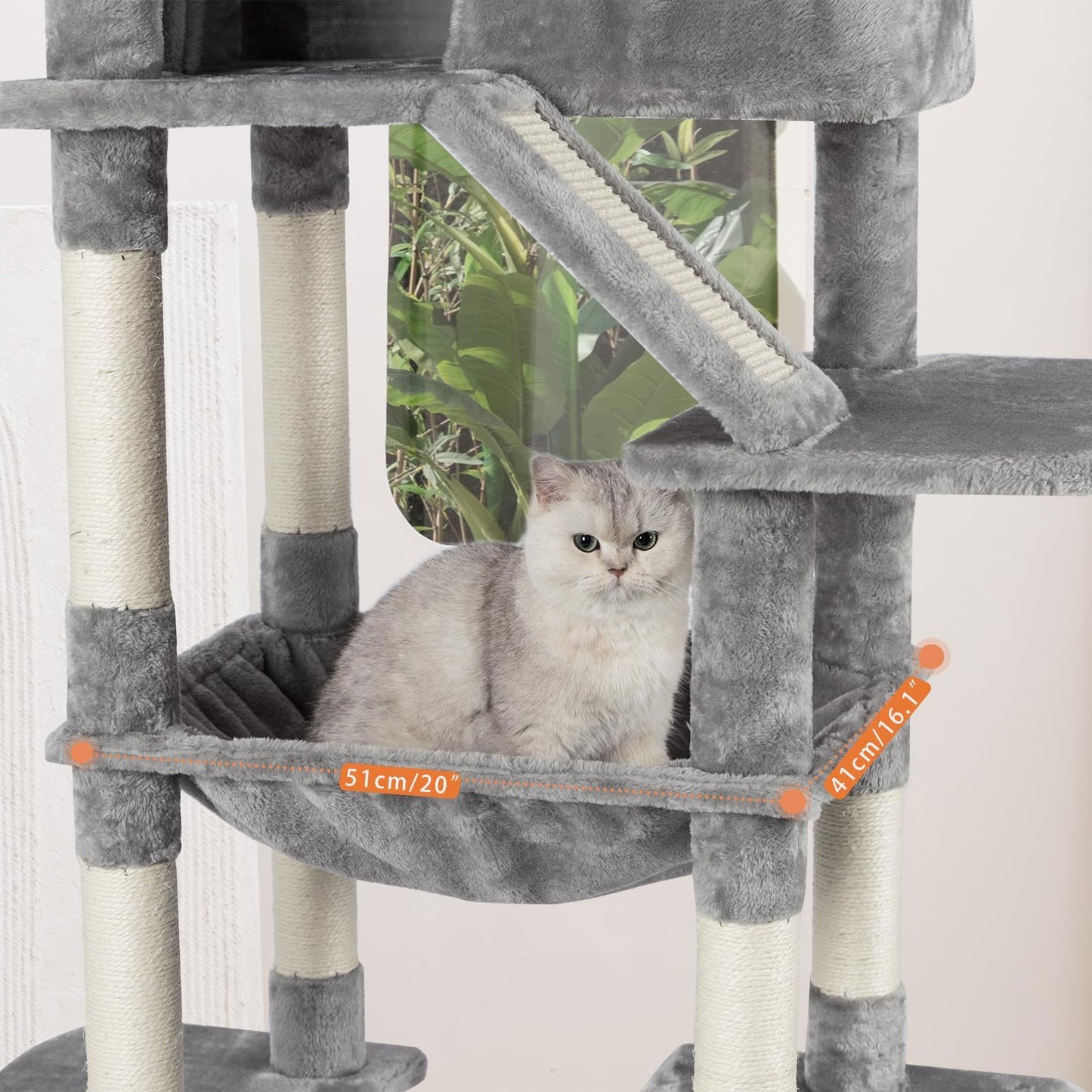 73 inches Large Cat Tree for Indoor Cats, Tall Cat Tower with Sisal Scratching Posts and Pads, Padded Plush Perch, Cozy Basket, Plush Condo for Large Cats (Grey)