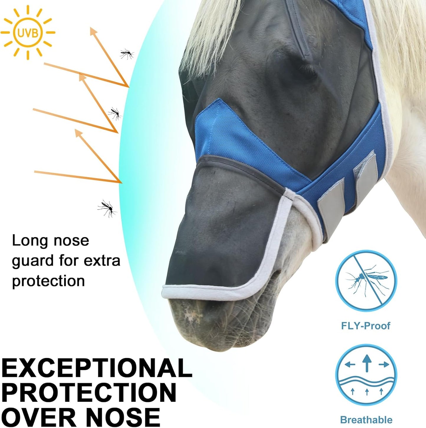 Horse Fly Mask with Ears & Long Nose Cover | Forelock Opening for Tangle-Free Mane Care | UV Protection & Breathable Mesh | No Rub Fit and Enhanced Visbility for Trail Riding RoyalBlue Full