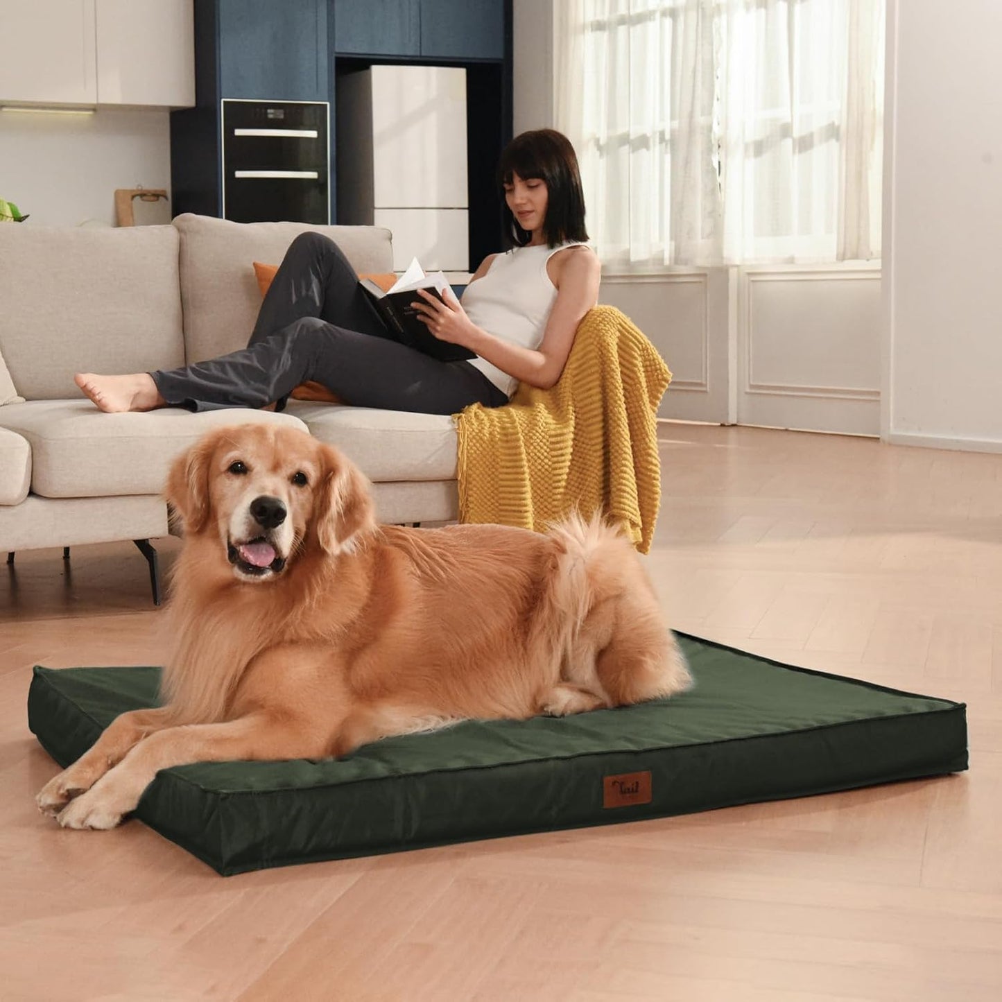 Outdoor All Weather Large Dog Bed, Waterproof Dog Bed for Large Dogs, Orthopedic Egg Foam Pet Bed with Washable and Removable Oxford Cooling Cover, Dark Green