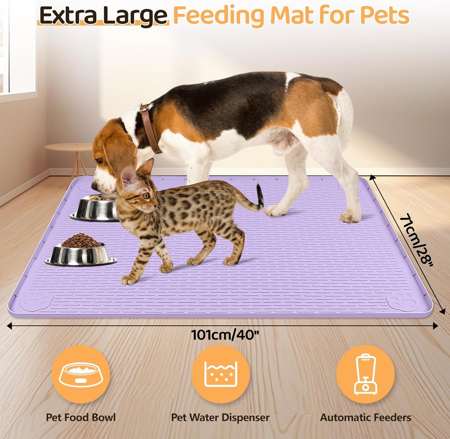 Dog Food Mat, Extra Large 40" x 28" Silicone Pet Feeding Mat with Raised Edge Pet Placemat for Small, Medium, and Large Pets Non-Slip, Easy to Clean (Purple)