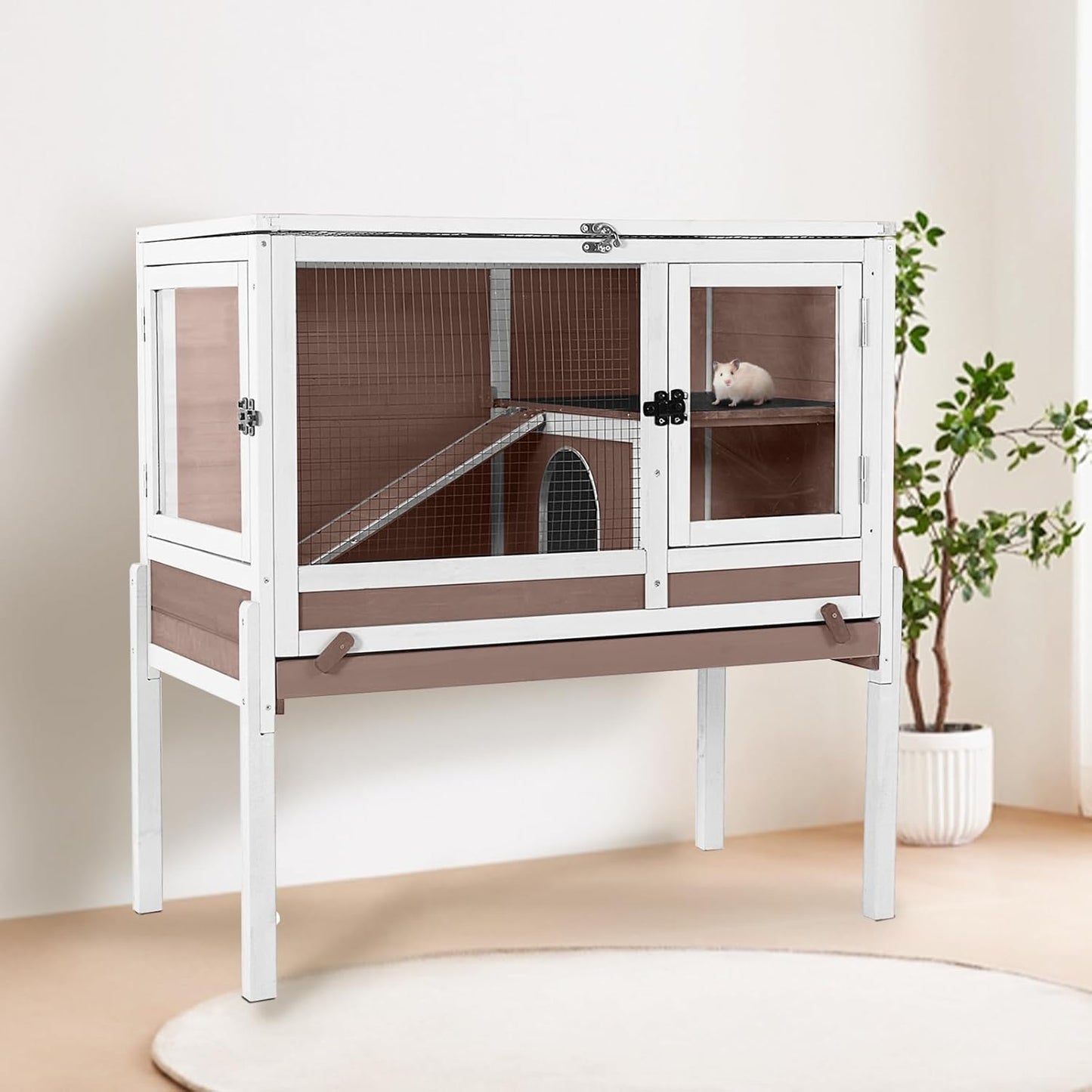 Guinea Pig Cage with Wooden Stand - Hamster Cage, Small Animal Cage Anti Chew Ramp, Hideout, Platform, Pull Out Tray (Brown, L)