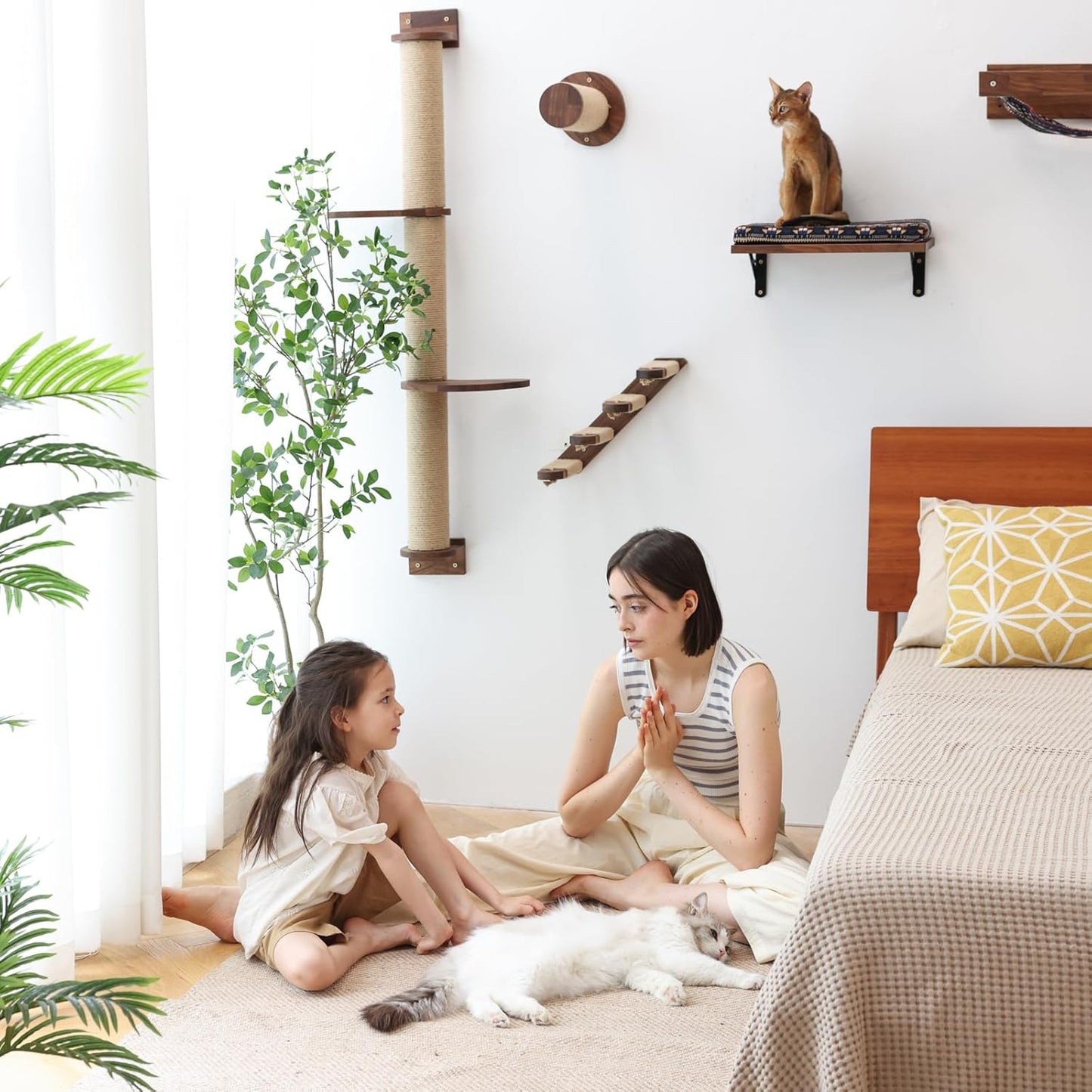 FUKUMARU Cat Wall Furniture, 11.8 Inch Cats Shelves for Drywall, Walnut Wood Kitten Stairs for Wall Mounted with Jute Scratching Kittens Steps, 2 of Pack