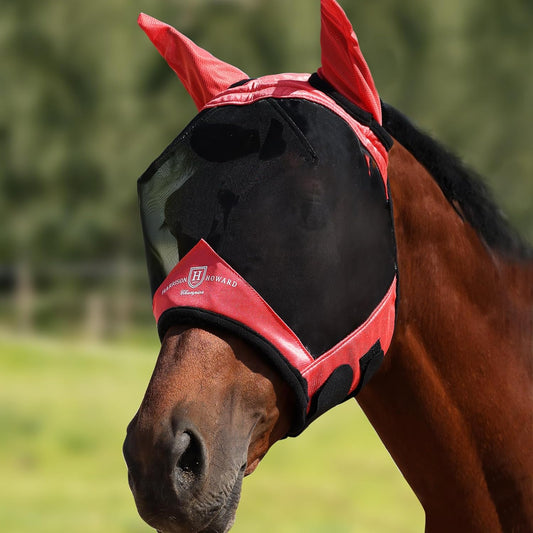 Harrison Howard Pro Luminous Horse Half Face Fly Mask Large Eye Space with Ears UV Protection for Horse Coral Orange M