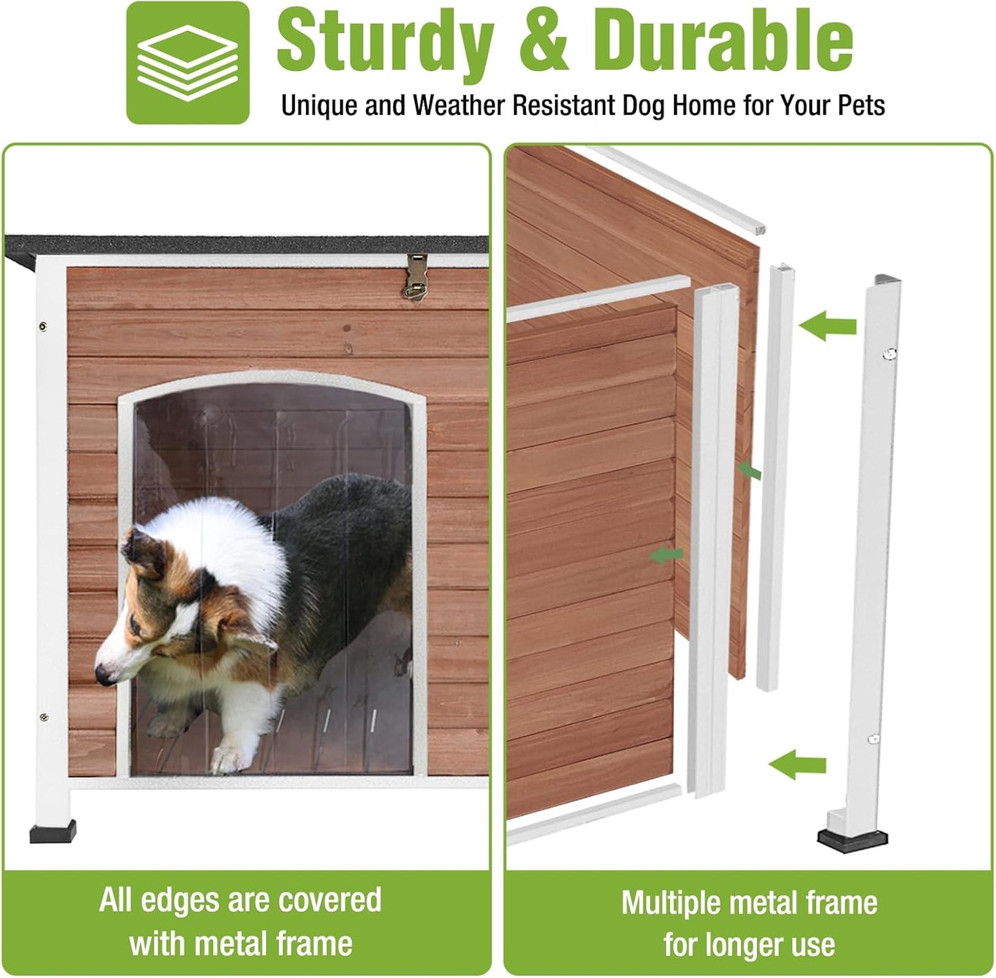 GUTINNEEN Dog House Outdoor Weatherproof with Anti-bite Metal Frame Large Indoor Wooden Dog Kennel for Medium to Large Dogs, 43.3" L × 29.4" W × 33.4" H