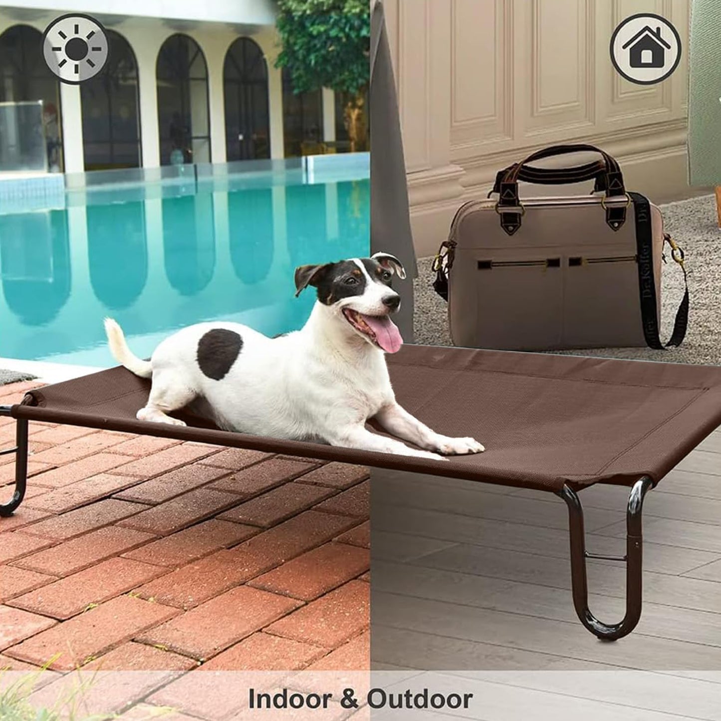 pettycare Elevated Outdoor Dog Bed - Raised Cots for Large Dogs, Waterproof Pet Bed Easy to Assemble, Cooling with Breathable Teslin Mesh, Durable, Non Slip, Up to 65 lbs, Brown
