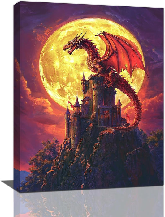 Dragon Bathroom Pictures Wall Art, Red Dragon Castle Bathroom Wall Decor, Framed Painting Canvas Artwork for Bedroom Living Room Decorations 16"L x 12"W