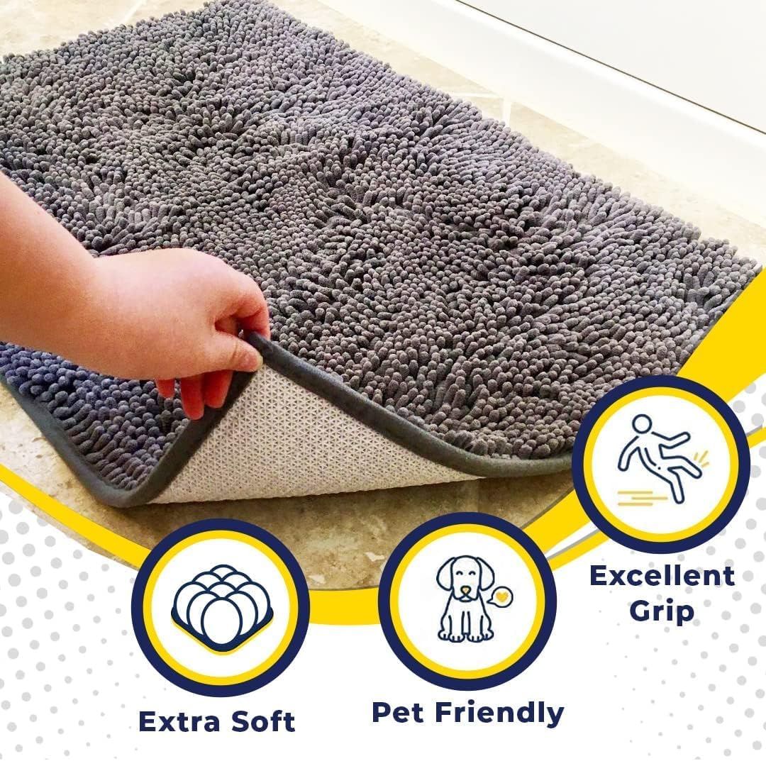 Muddy Mat® AS-SEEN-ON-TV Highly Absorbent Microfiber Door Mat and Pet Rug, Non Slip Thick Washable Area and Bath Mat Soft Chenille for Kitchen Bathroom Bedroom Indoor and Outdoor - Grey XXXL 72"X48"