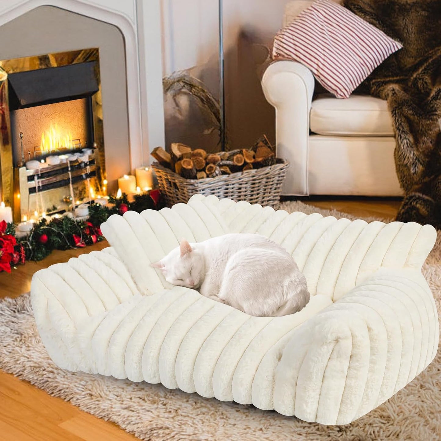Cute Cat Couch Bed for Indoor Cats, Fluffy Pet Cat Sofa with Premium Soft Corduroy Fleece, Cute Small Dog Beds for Small Dogs, Fuzzy Puppy Chair with Removable Washable Cover (24x18x10,Cream)