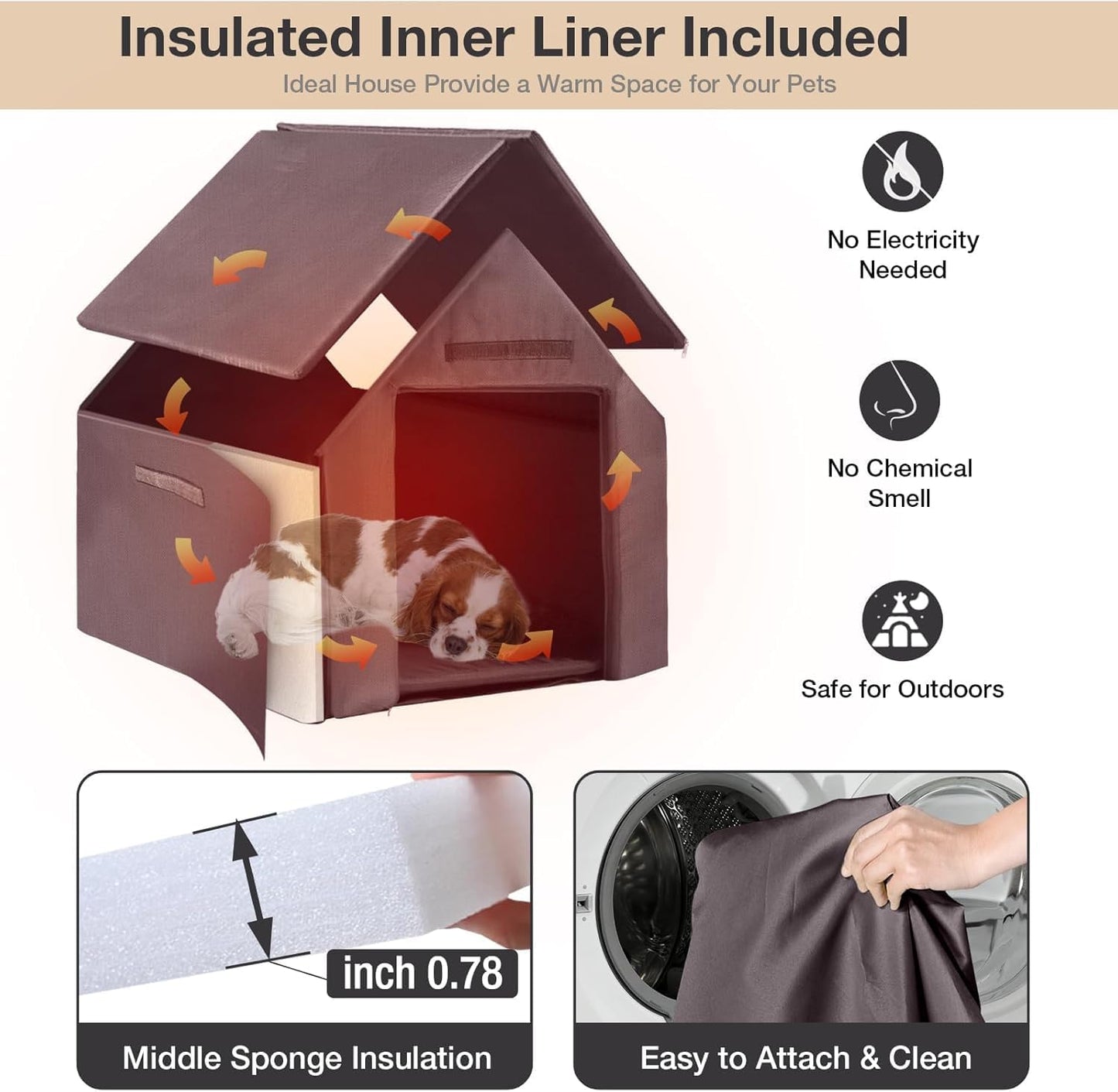 Dog House Outdoor Insulated, 50.87" L Large Dog Kennel with Chew-Proof Iron Frame, Suitable for Medium to Large Dogs (Brown)