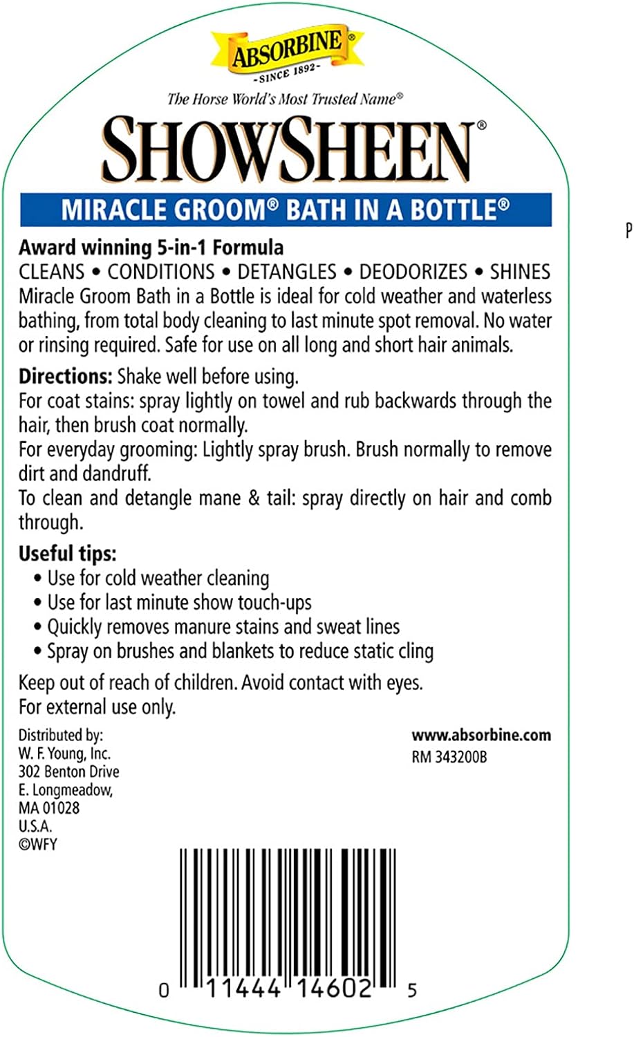 Absorbine ShowSheen Miracle Groom Waterless Shampoo, 5-in-1 Formula for Coat, Mane & Tail, 32oz