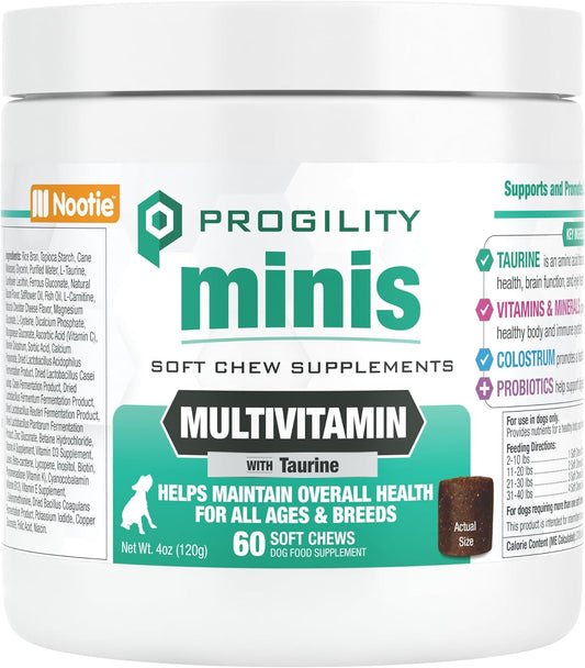 Nootie PROGILITY Daily Mini Multivitamin Chews for Dogs - Supports Immunity, Heart, Eye, Brain, and Bone Health with Taurine- for All Dog Sizes - 60 Soft Chews - Sold in Over 5,000 Pet Stores