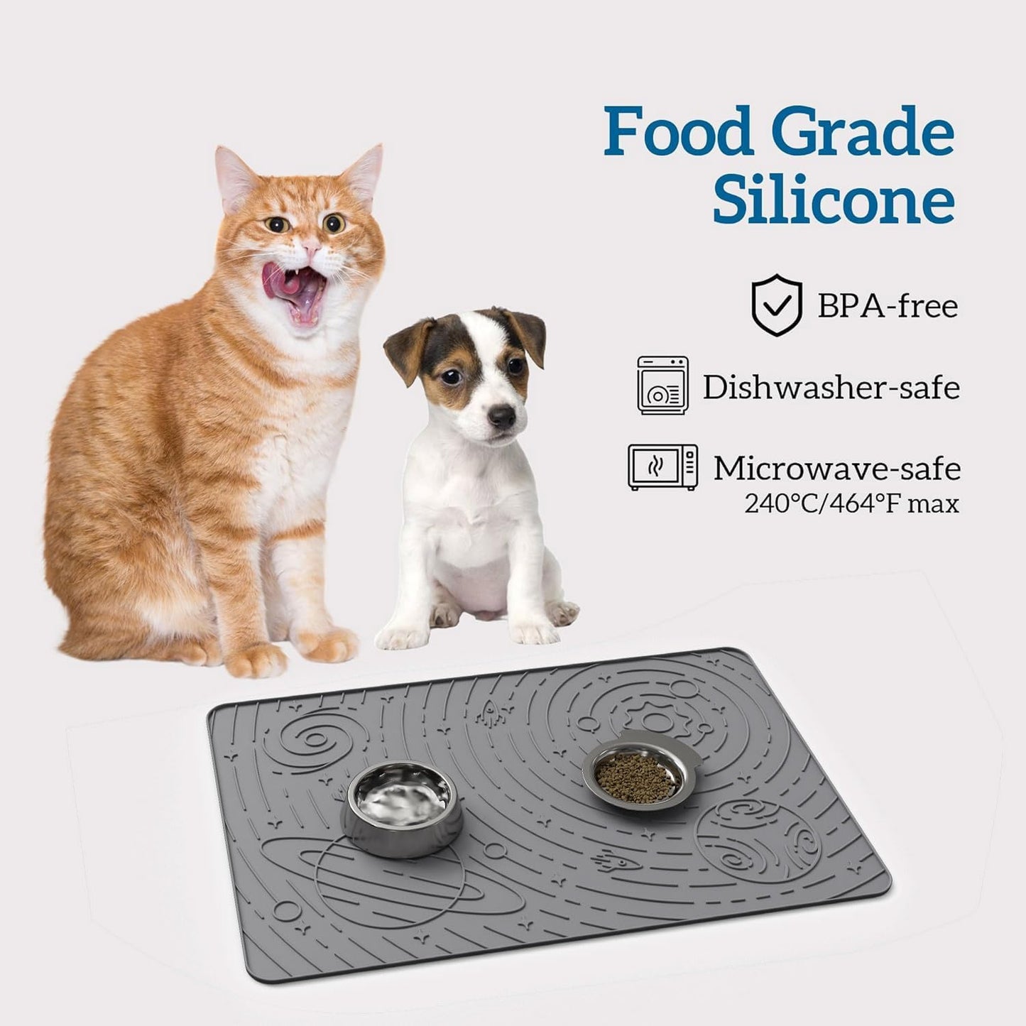 OHMO Dog Food Mat, Silicone Waterproof Cat Food Mat, Non-Skid Spill Proof Pet Feeding Mat for Food and Water, Easy to Clean Dog Placemat(Grey, 23.6" x 15.8")