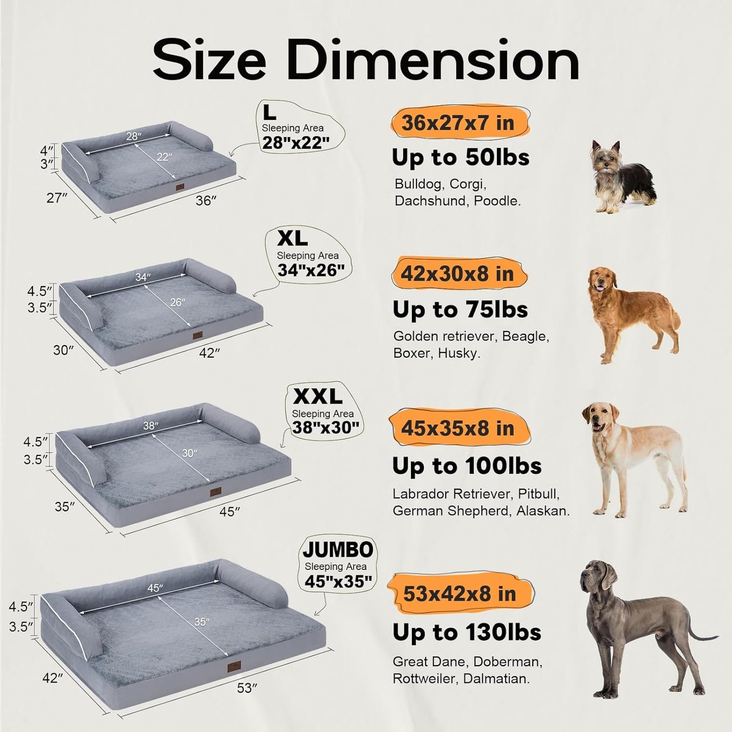 Large Dog Bed Orthopedic Washable - Beds Bolster Pet - XXL XXLarge Big Dogs - Memory Foam - Couch Sofa - Waterproof with Removable Cover - Grey Dog Bed