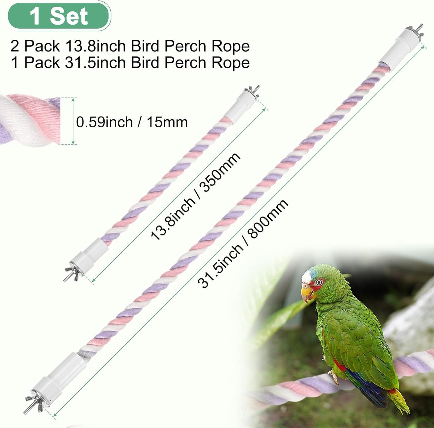 1-Set Rope Perches for Bird Cages, 13.8 & 31.5 in Length Comfort Grip Flexible Rope Perch Beak & Paw Grinding for Parrots/Cockatiels/Parakeets, Bird Platform Sand [Pink Purple]