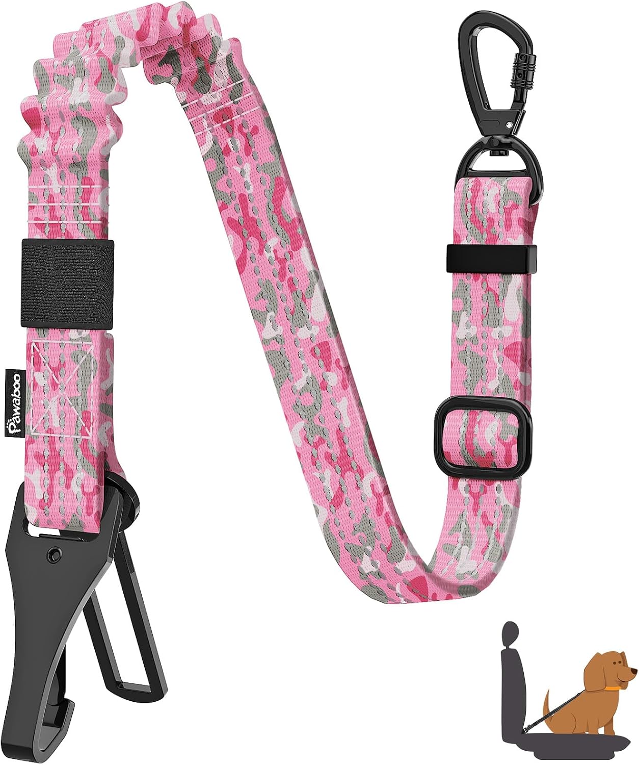 Pawaboo Dog Seatbelt for Car, 3-in-1 Dog Seat Belt Bungee, Shockproof Dogs Tether with Buckle & Hook Latch, Adjustable Reflective Dogs Cars Harness Leash with 360° Lockable Buckle, Pink Camouflage
