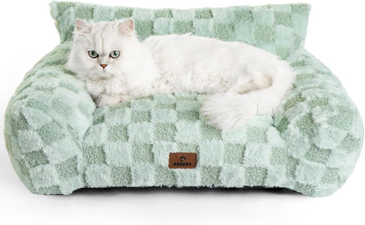 Cat Bed Cats Couch for Puppy and Kitten, Fluffy Pet Couch Small Dog Sofa Bed, Supportive Cat Sofa for Indoor Cats, Washable Cover & Non-Slip, 26 inch, Green